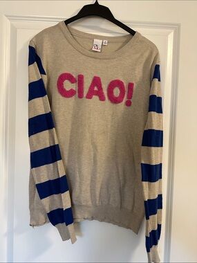 Oh My! 'CIAO!' Crewneck Sweater in Beige with Blue Striped Sleeves